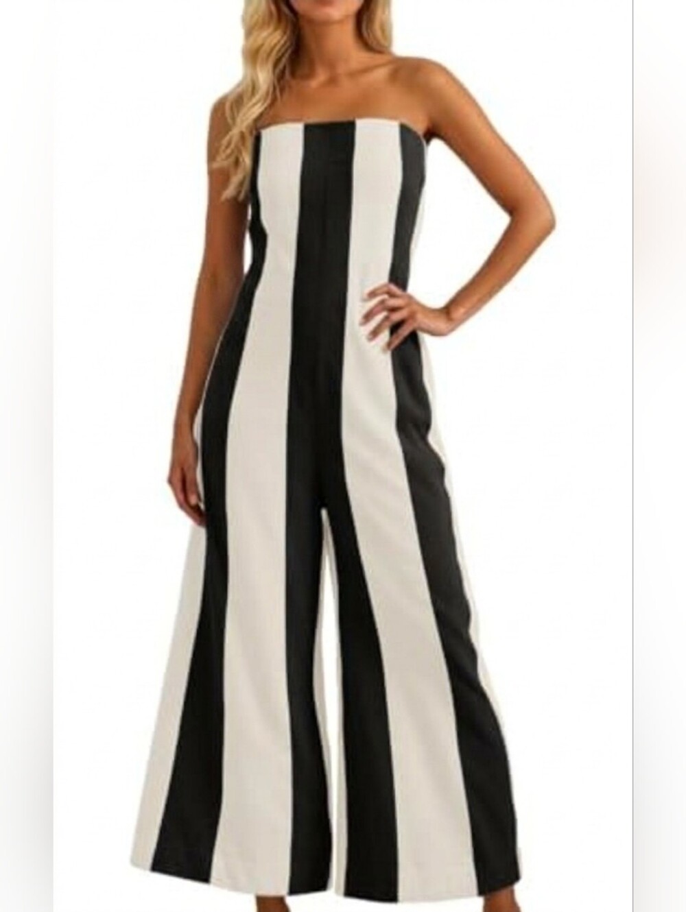 NWT Boho Striped Black & White Strapless Wide-Leg Jumpsuit  (0086)